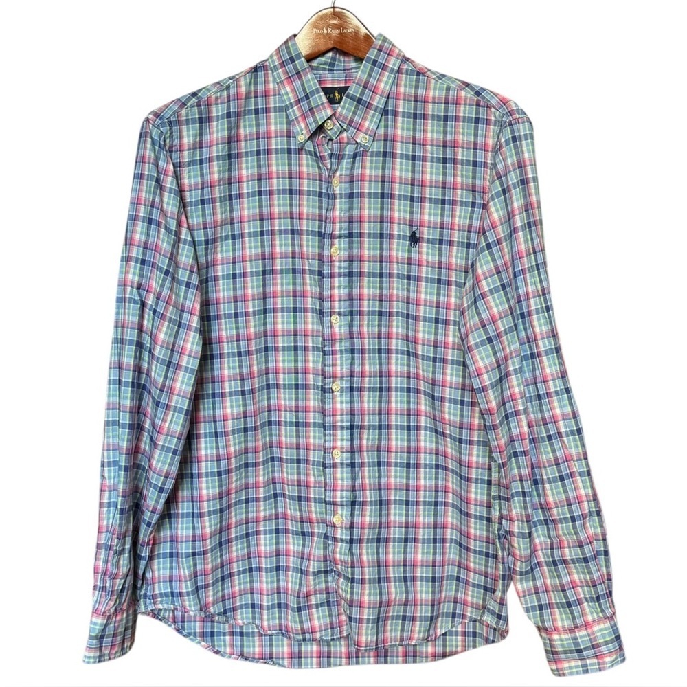 Ralph Lauren Button Up Shirt Plaid Pink Blue Cotton Men’s Size Large